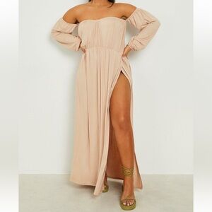 BooHoo Bardot Balloon Sleeve Off the shoulder‎ Maxi dress stone color Sz 12 new